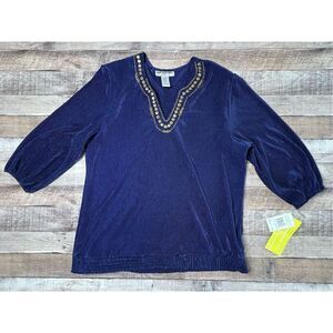 Cathy Daniels Blue Embellished Beads Studs All Season Blouse sz 1X